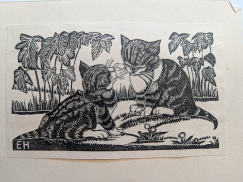 Antique linocut cats - antique,