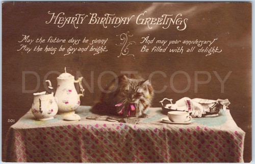 Antique postcard cat tea - postcard,