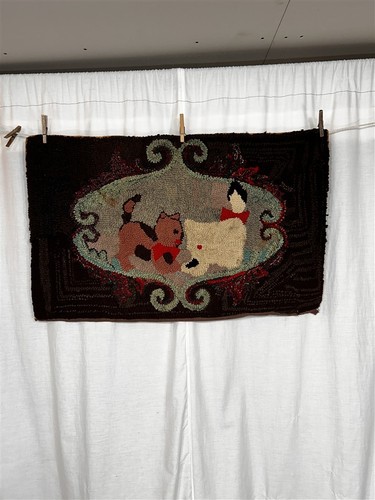 Antique rug wool hooked - wool, cat